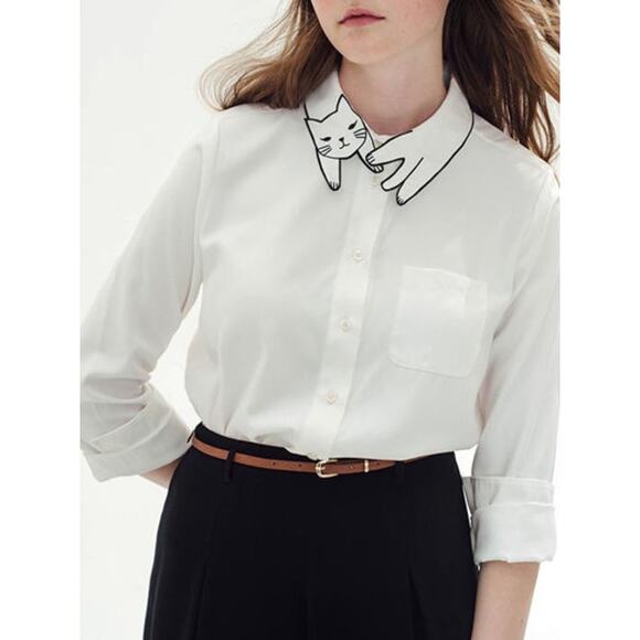 Embroidered Collar White Button Down Shirt (Cute cat) – Size XL - Picture 3 of 8